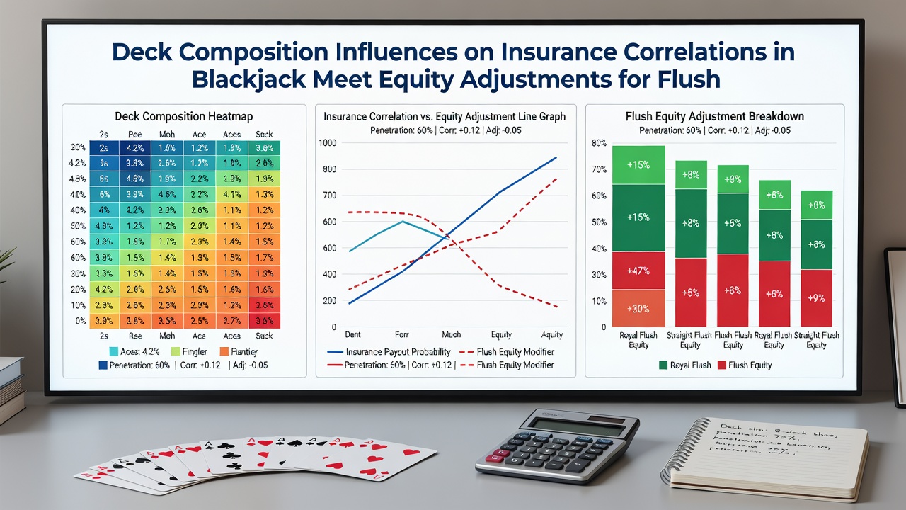 Illustration of seven-card stud board with flush draw equity calculations influenced by remaining deck composition