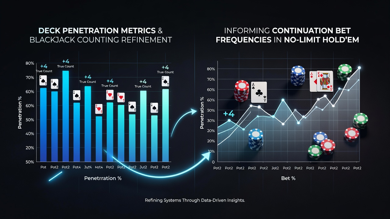 Visualization of deck penetration metrics applied to blackjack counting systems and poker continuation bet calculations