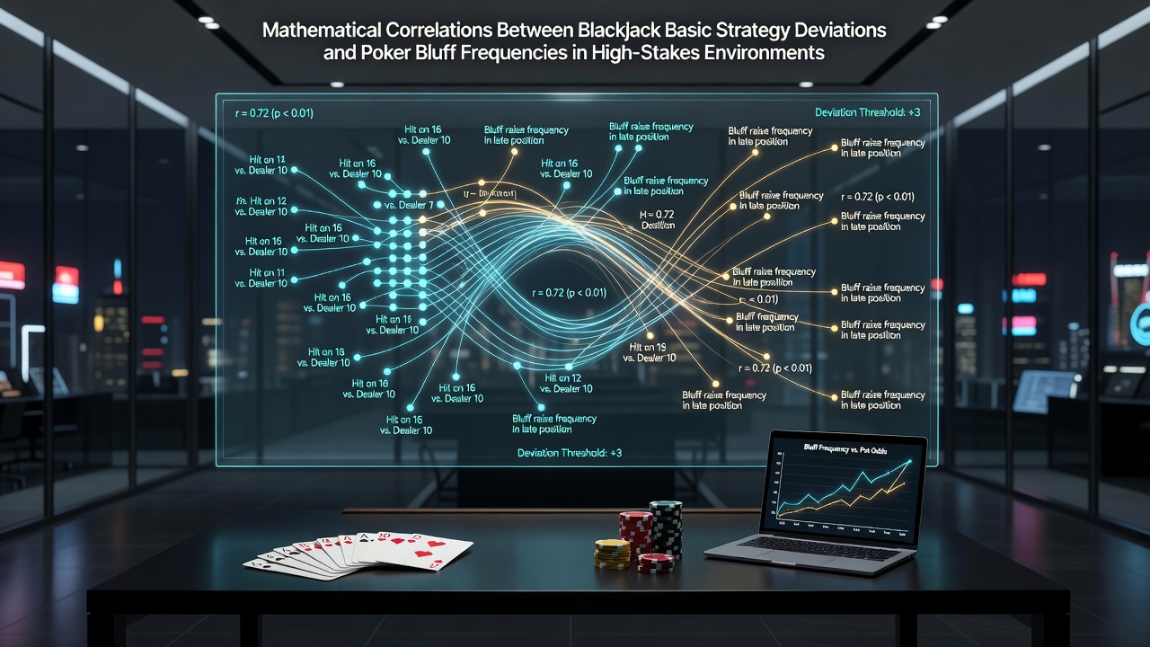 Mathematical analysis charts showing blackjack strategy deviation indexes alongside poker bluff frequency distributions in high-stakes casino environments