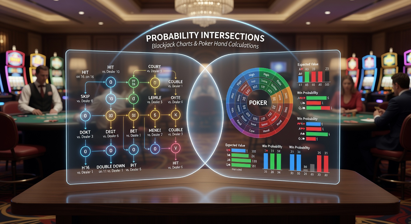 Blackjack decision chart overlaid with poker hand strength probability grid in a casino setting