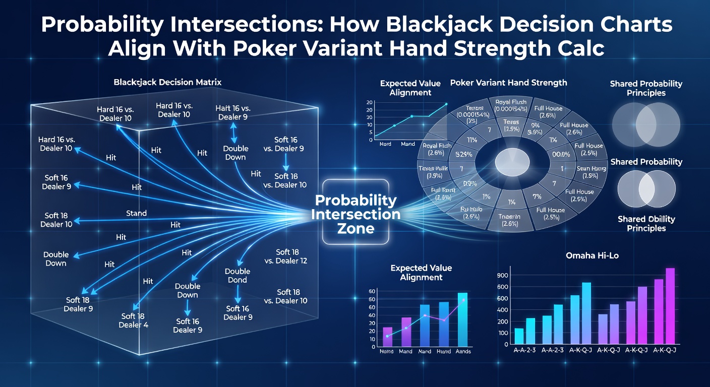 Casino table showing side-by-side probability matrices for blackjack hits and poker equity calculations