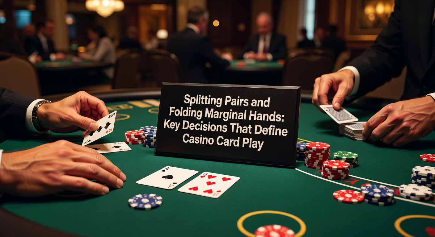 A blackjack player at a casino table contemplating a split on a pair of eights against the dealer's upcard, chips stacked nearby
