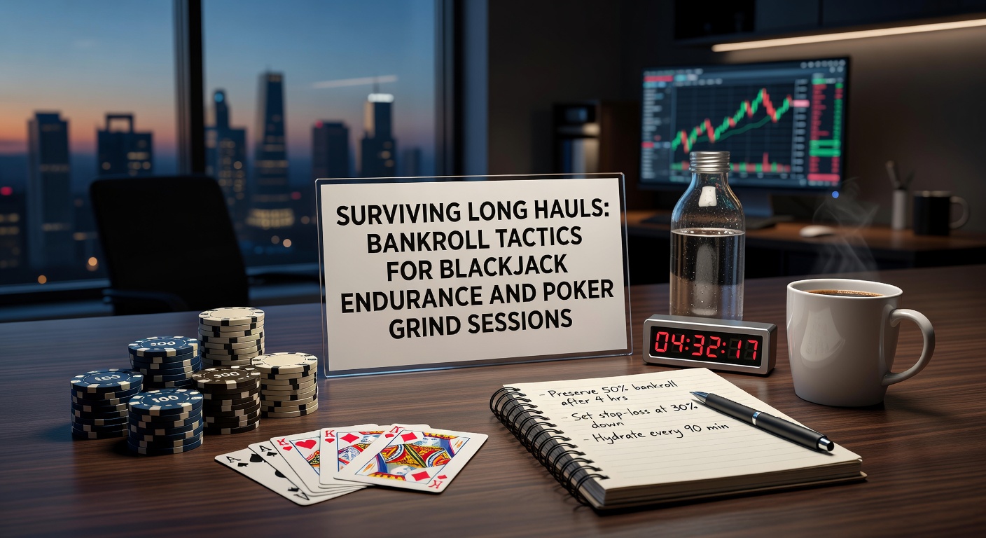 A poker player deeply focused at a long session table, chips stacked high, embodying endurance in the grind