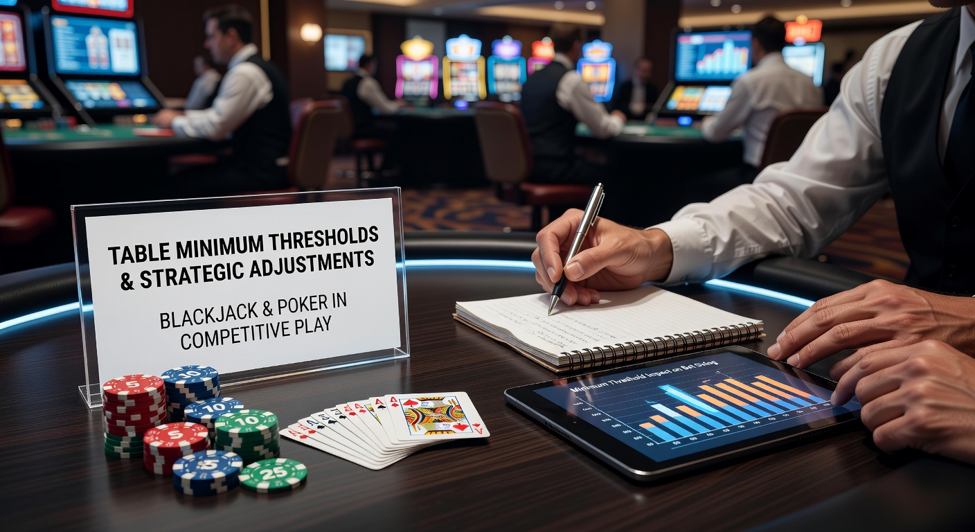 Blackjack and poker tables with visible minimum bet signs in a competitive casino environment